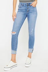 Kancan Women's Distressed Button Fly Jeans - Trendy Stretch Denim for Ultimate Comfort